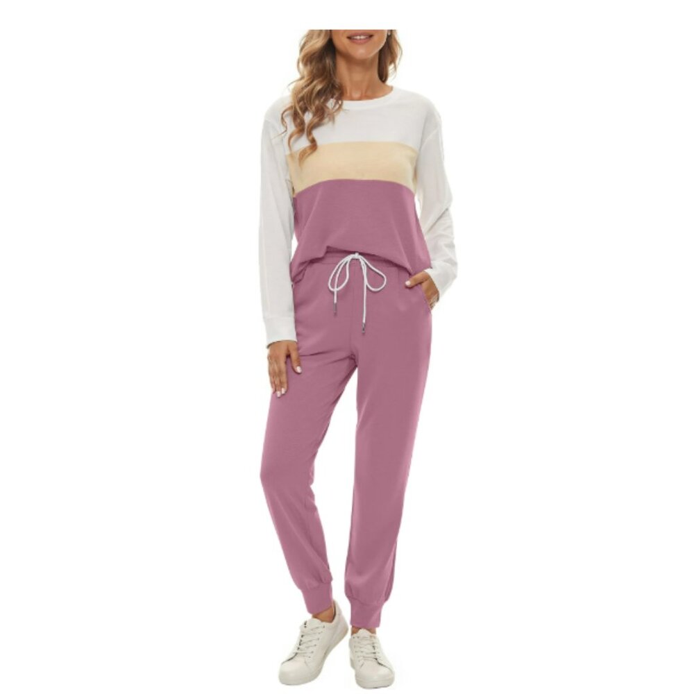 Womens Color Block Pajamas Crewneck Long Sleeve Lounge Sets Casual Outfit
